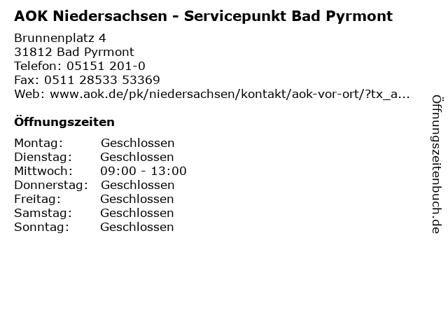 AOK Niedersachsen - Servicepunkt Bad Pyrmont in Bad Pyrmont: Adresse und Öffnungszeiten