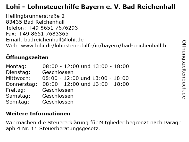 Lohi - Lohnsteuerhilfe Bayern e. V. Bad Reichenhall in Bad Reichenhall: Adresse und Öffnungszeiten