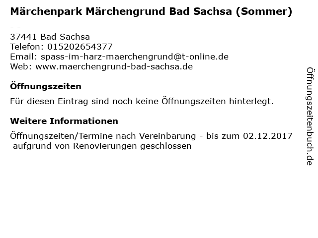 Märchenpark Märchengrund Bad Sachsa (Sommer) in Bad Sachsa: Adresse und Öffnungszeiten