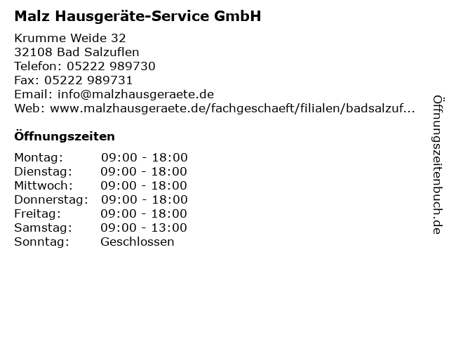 Malz Hausgeräte-Service GmbH in Bad Salzuflen: Adresse und Öffnungszeiten