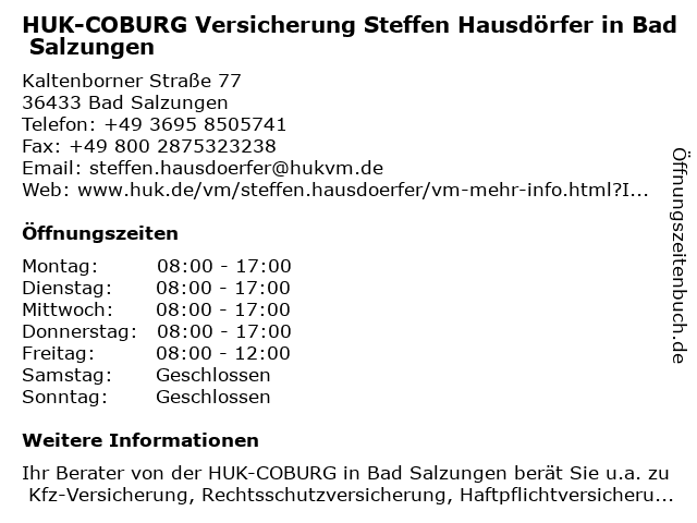 HUK-COBURG Versicherung Steffen Hausdörfer in Bad Salzungen in Bad Salzungen: Adresse und Öffnungszeiten