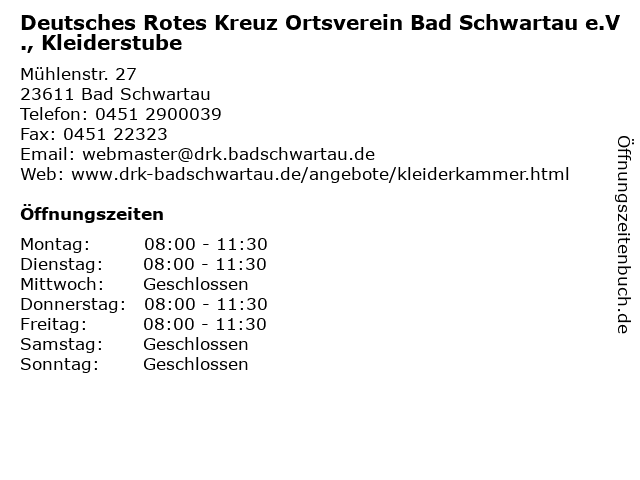 Deutsches Rotes Kreuz Ortsverein Bad Schwartau e.V., Kleiderstube in Bad Schwartau: Adresse und Öffnungszeiten