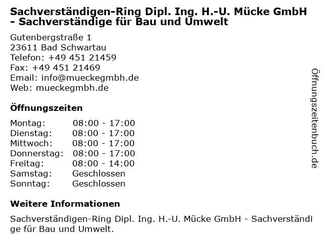 Sachverständigen-Ring Dipl. Ing. H.-U. Mücke GmbH - Sachverständige für Bau und Umwelt in Bad Schwartau: Adresse und Öffnungszeiten