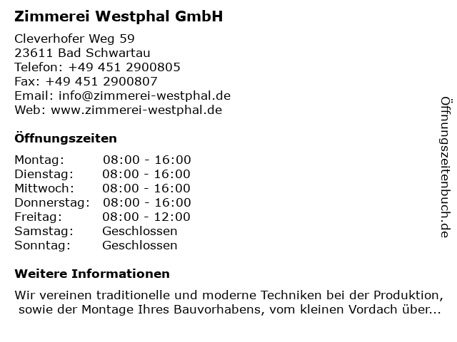 Zimmerei Westphal GmbH in Bad Schwartau: Adresse und Öffnungszeiten