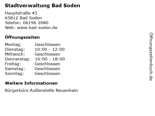 Stadtverwaltung Bad Soden in Bad Soden: Adresse und Öffnungszeiten