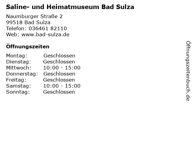 Saline- und Heimatmuseum Bad Sulza in Bad Sulza: Adresse und Öffnungszeiten