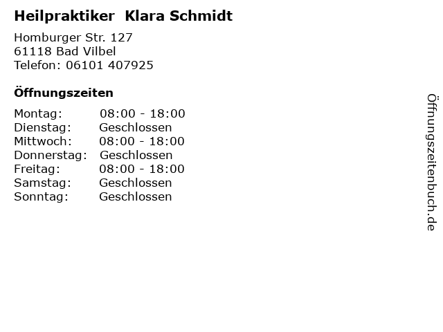 Heilpraktiker  Klara Schmidt in Bad Vilbel: Adresse und Öffnungszeiten