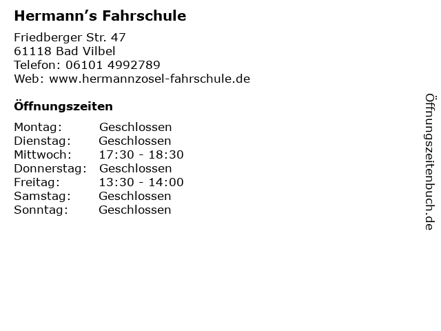Hermann’s Fahrschule in Bad Vilbel: Adresse und Öffnungszeiten