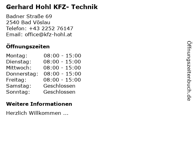Gerhard Hohl KFZ- Technik in Bad Vöslau: Adresse und Öffnungszeiten