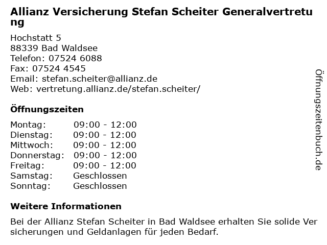 Allianz Versicherung Stefan Scheiter Generalvertretung in Bad Waldsee: Adresse und Öffnungszeiten