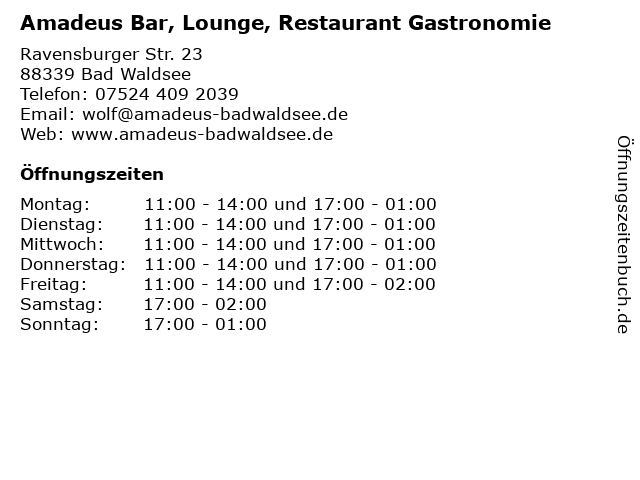 Amadeus Bar, Lounge, Restaurant Gastronomie in Bad Waldsee: Adresse und Öffnungszeiten
