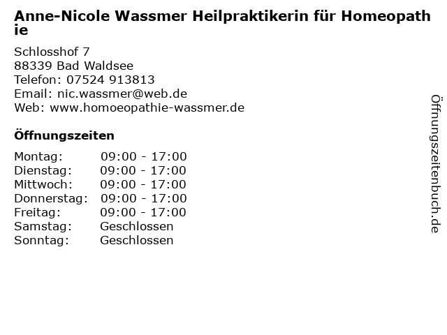 Anne-Nicole Wassmer Heilpraktikerin für Homeopathie in Bad Waldsee: Adresse und Öffnungszeiten