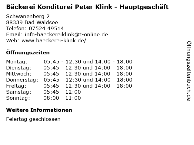 Bäckerei Konditorei Peter Klink - Hauptgeschäft in Bad Waldsee: Adresse und Öffnungszeiten