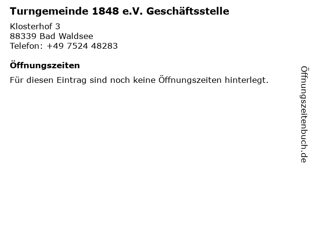 Turngemeinde 1848 e.V. Geschäftsstelle in Bad Waldsee: Adresse und Öffnungszeiten
