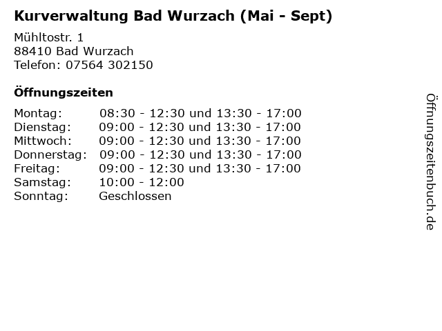 Kurverwaltung Bad Wurzach (Mai - Sept) in Bad Wurzach: Adresse und Öffnungszeiten