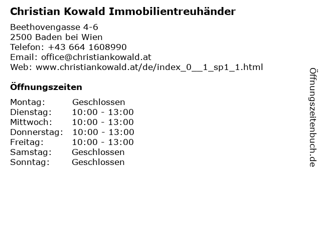 Christian Kowald Immobilientreuhänder in Baden bei Wien: Adresse und Öffnungszeiten