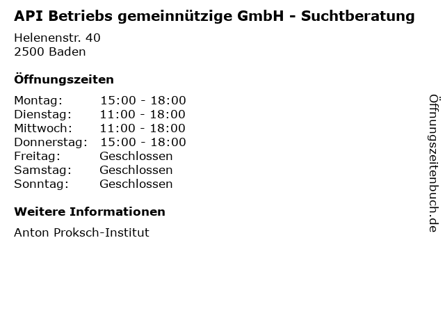 API Betriebs gemeinnützige GmbH - Suchtberatung in Baden: Adresse und Öffnungszeiten