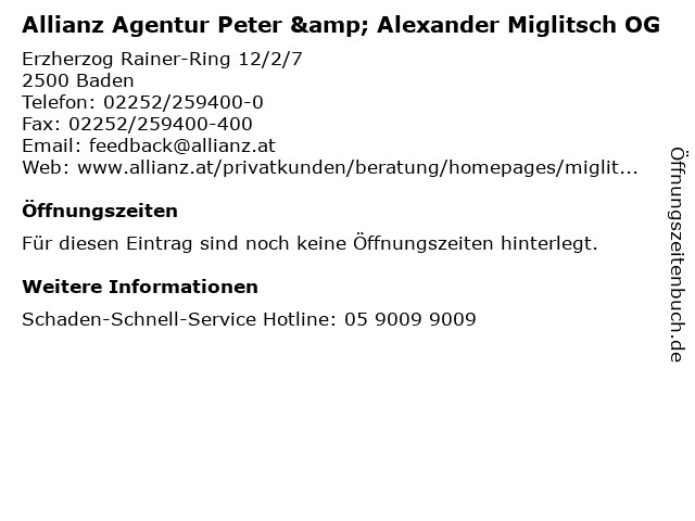 Allianz Agentur Peter & Alexander Miglitsch OG in Baden: Adresse und Öffnungszeiten