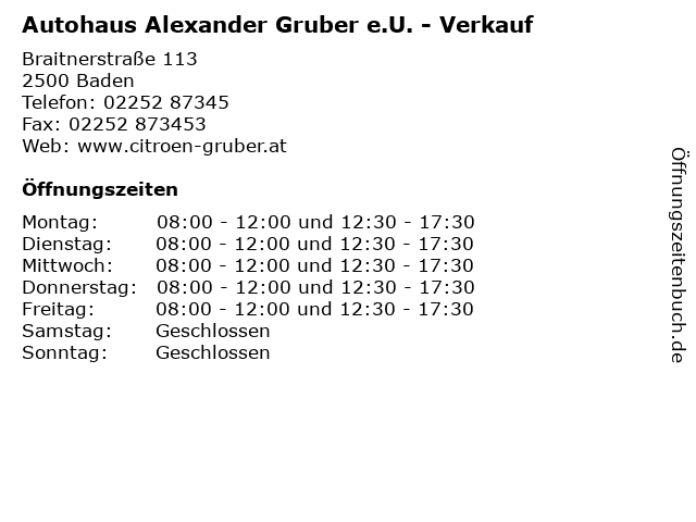 Autohaus Alexander Gruber e.U. - Verkauf in Baden: Adresse und Öffnungszeiten