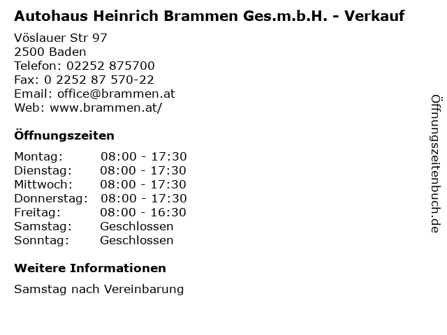 Autohaus Heinrich Brammen Ges.m.b.H. - Verkauf in Baden: Adresse und Öffnungszeiten