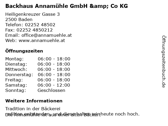 Backhaus Annamühle GmbH & Co KG in Baden: Adresse und Öffnungszeiten