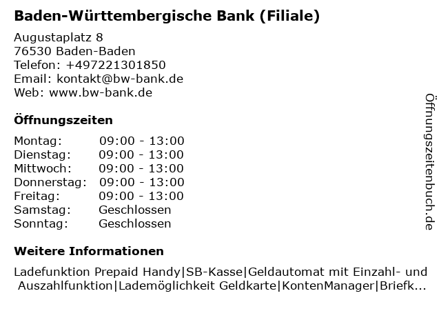 Baden-Württembergische Bank (SB-ServiceCenter) in Baden-Baden: Adresse und Öffnungszeiten