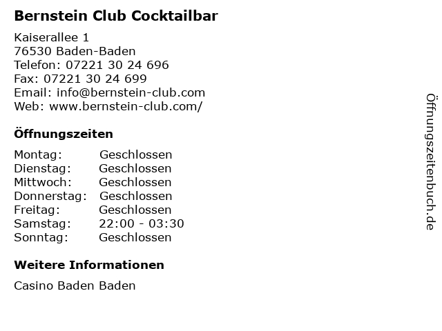 Bernstein Club Cocktailbar in Baden-Baden: Adresse und Öffnungszeiten