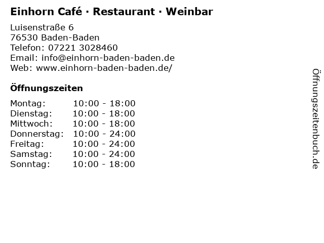 Einhorn Café · Restaurant · Weinbar in Baden-Baden: Adresse und Öffnungszeiten