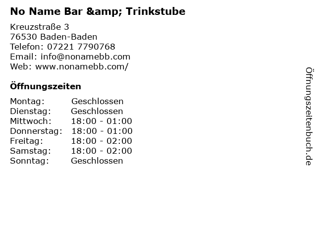 No Name Bar & Trinkstube in Baden-Baden: Adresse und Öffnungszeiten