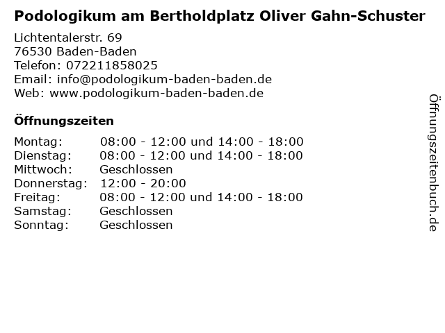 Podologikum am Bertholdplatz Oliver Gahn-Schuster in Baden-Baden: Adresse und Öffnungszeiten
