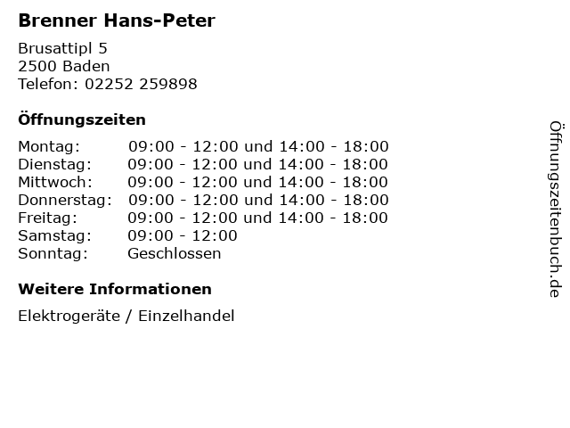 Brenner Hans-Peter in Baden: Adresse und Öffnungszeiten