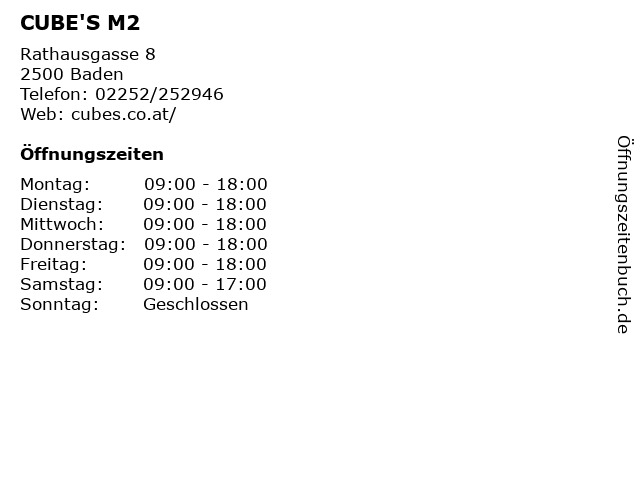 CUBE'S M2 in Baden: Adresse und Öffnungszeiten