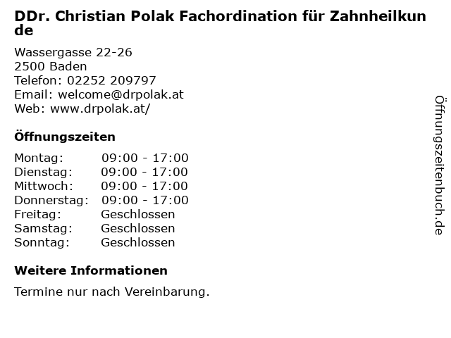 DDr. Christian Polak Fachordination für Zahnheilkunde in Baden: Adresse und Öffnungszeiten