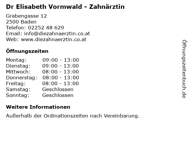 Dr Elisabeth Vormwald - Zahnärztin in Baden: Adresse und Öffnungszeiten