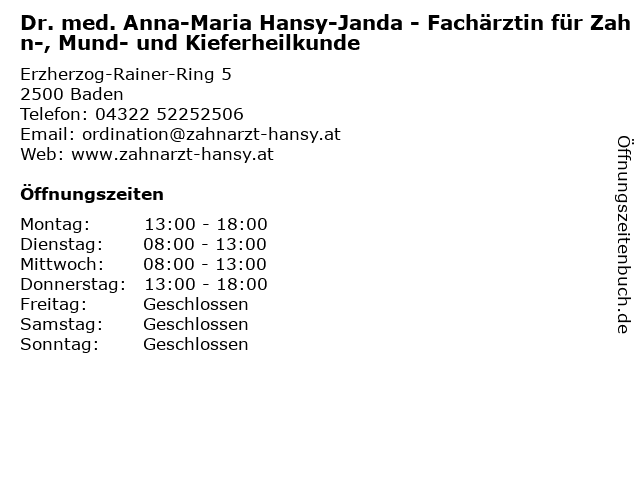 Dr. med. Anna-Maria Hansy-Janda - Zahnärztin in Baden: Adresse und Öffnungszeiten