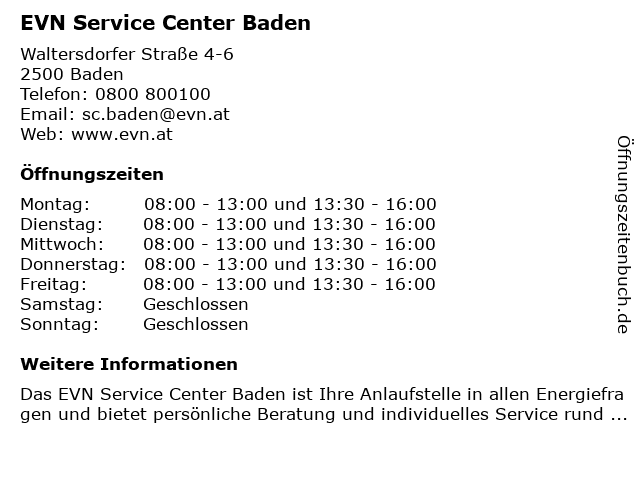 EVN Service Center Baden in Baden: Adresse und Öffnungszeiten