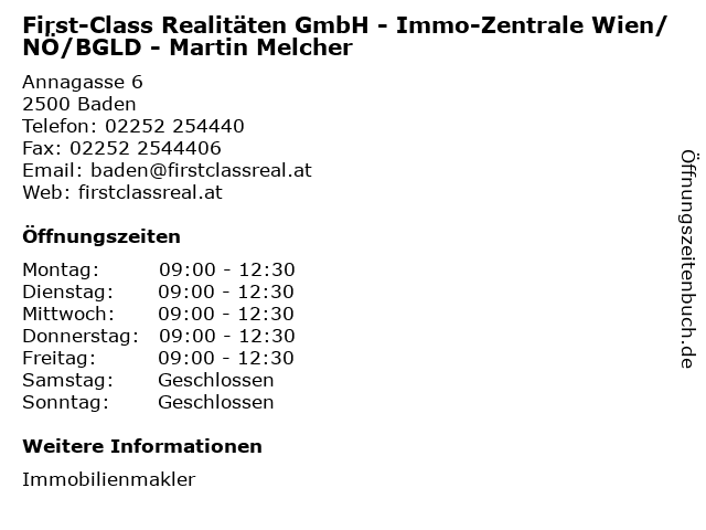 First-Class Realitäten GmbH - Immo-Zentrale Wien/NÖ/BGLD - Martin Melcher in Baden: Adresse und Öffnungszeiten