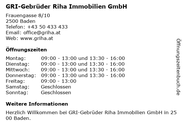 GRI-Gebrüder Riha Immobilien GmbH in Baden: Adresse und Öffnungszeiten