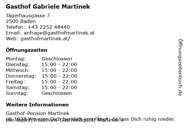 Gasthof Gabriele Martinek in Baden: Adresse und Öffnungszeiten