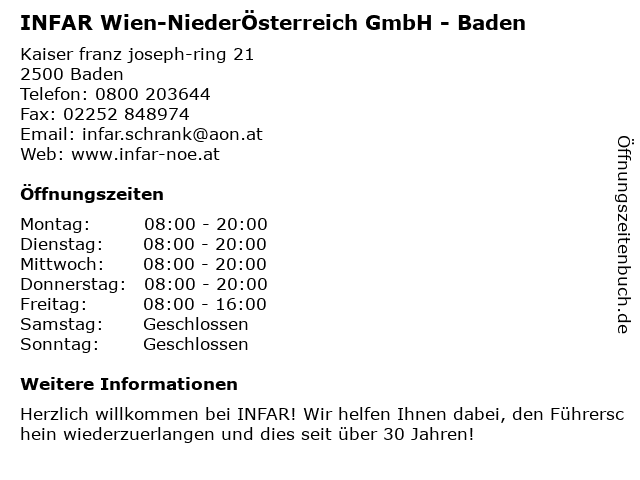INFAR Wien-NiederÖsterreich GmbH - Baden in Baden: Adresse und Öffnungszeiten