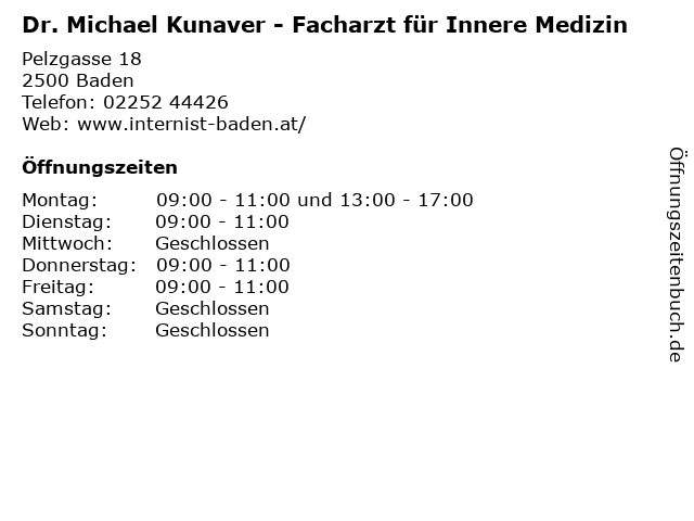 Kunaver Michael Dr FA f innere Medizin in Baden: Adresse und Öffnungszeiten