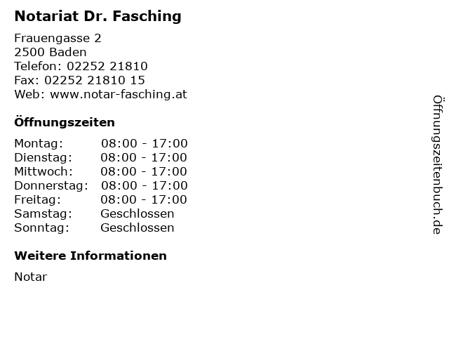 Notariat Dr. Fasching in Baden: Adresse und Öffnungszeiten