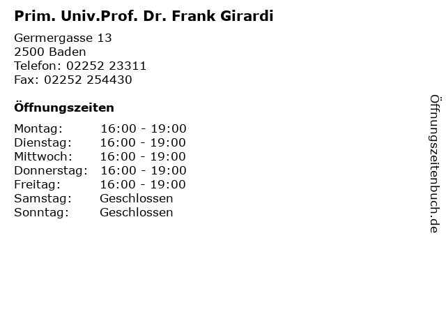 Prim. Univ.Prof. Dr. Frank Girardi in Baden: Adresse und Öffnungszeiten