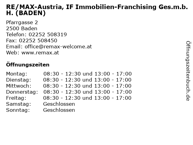 RE/MAX-Austria, IF Immobilien-Franchising Ges.m.b.H. (BADEN) in Baden: Adresse und Öffnungszeiten