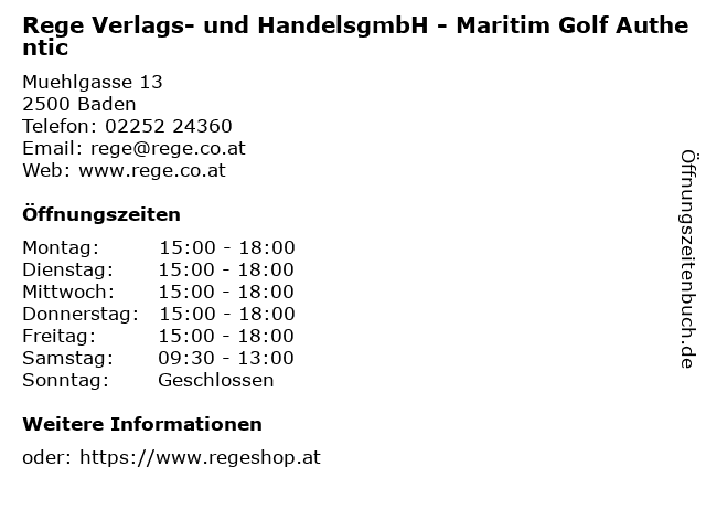 Rege Verlags- und HandelsgmbH - Maritim Golf Authentic in Baden: Adresse und Öffnungszeiten