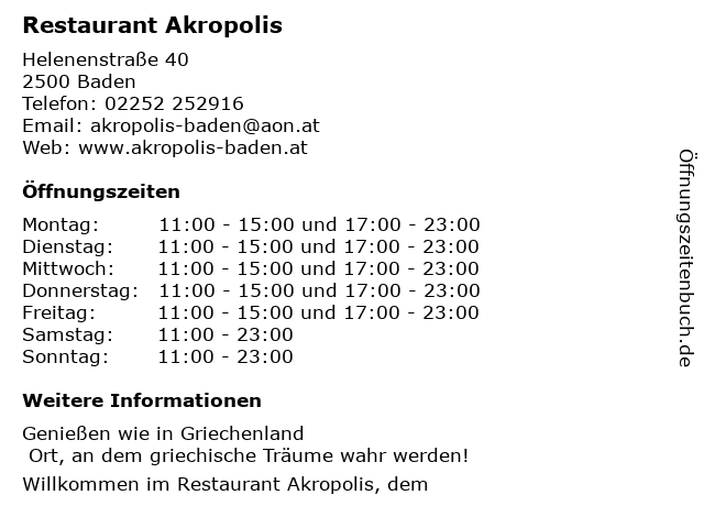 Restaurant Akropolis in Baden: Adresse und Öffnungszeiten