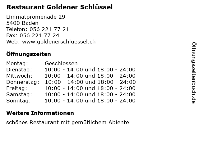 ᐅ Offnungszeiten Restaurant Goldener Schlussel Limmatpromenade 29 In Baden
