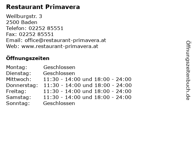 Restaurant Primavera in Baden: Adresse und Öffnungszeiten
