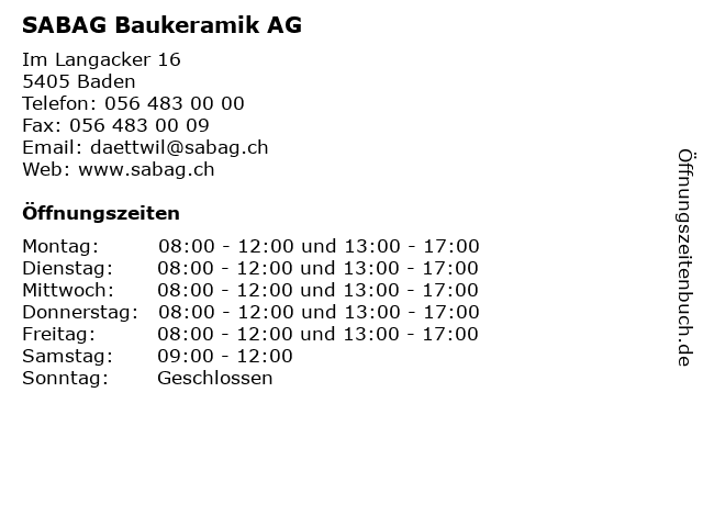 SABAG Baukeramik AG in Baden: Adresse und Öffnungszeiten