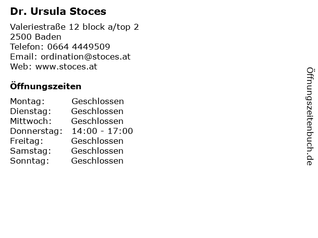 Stoces Ursula Dr FÄ f Urologie in Baden: Adresse und Öffnungszeiten